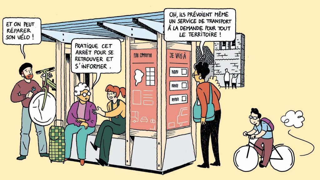 dessin des personnes découvrant le relai mobilité en Haute-Corrèze
