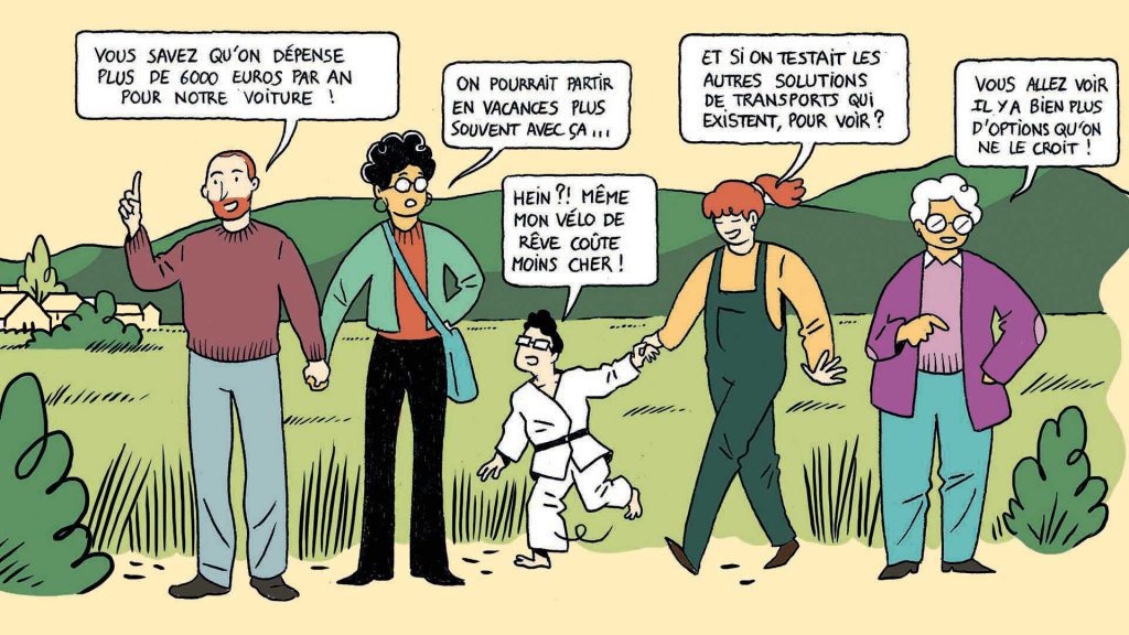 dessin d'une famille qui se questionne sur les alternatives à la voiture pour se déplacer en Haute-Corrèze